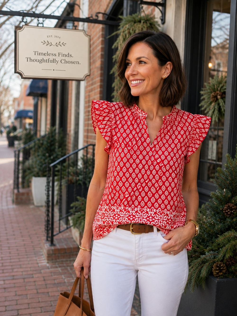 Vineyard Vines Lighthouse Red Tile Ruffle Top – Women's L